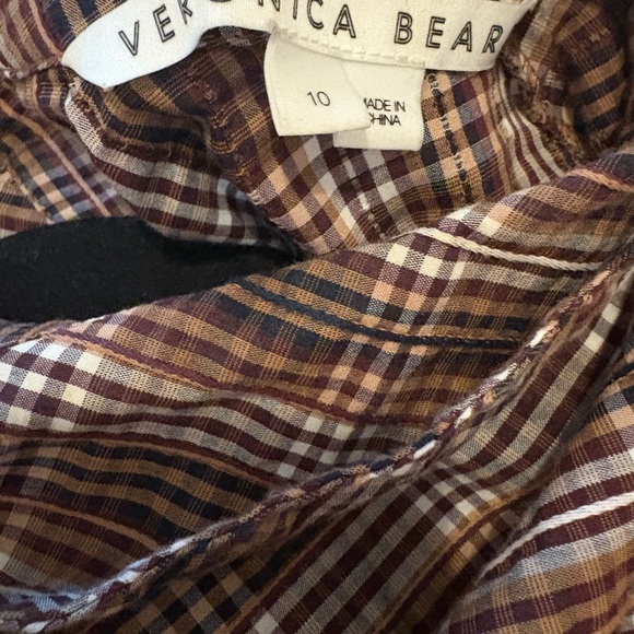 Veronica Beard Isabel Plaid Brown Grey Black White Women's Poof Sleeve Top M - Picture 11 of 13